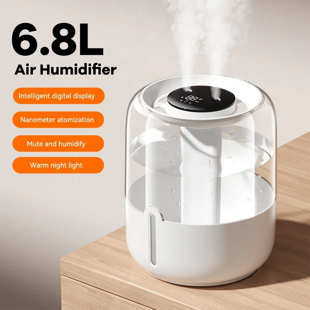 Humidifier 6.8L Large Capacity Humidifier USB Dual Spray Home Office Bedroom Desktop with Night Light Digital Display