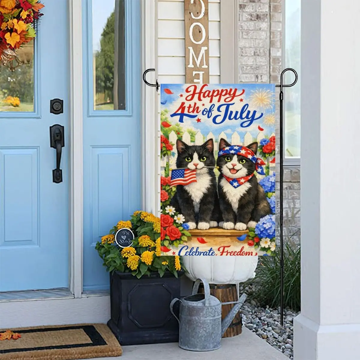 4th of July Garden Flag 12x18Inch,Funny Tuxedo Cat Patriotic American Flag Independence Day Yard Decor Double Sided Summer O ZZM