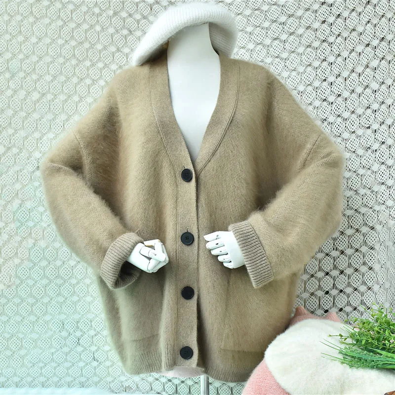 Women Winter Thick Warm Hairy Mink Cashmere Knitted V-Neck Long Sleeves Loose Cardigans Sweater Lazy Oaf Jacket Coat Pull Tops