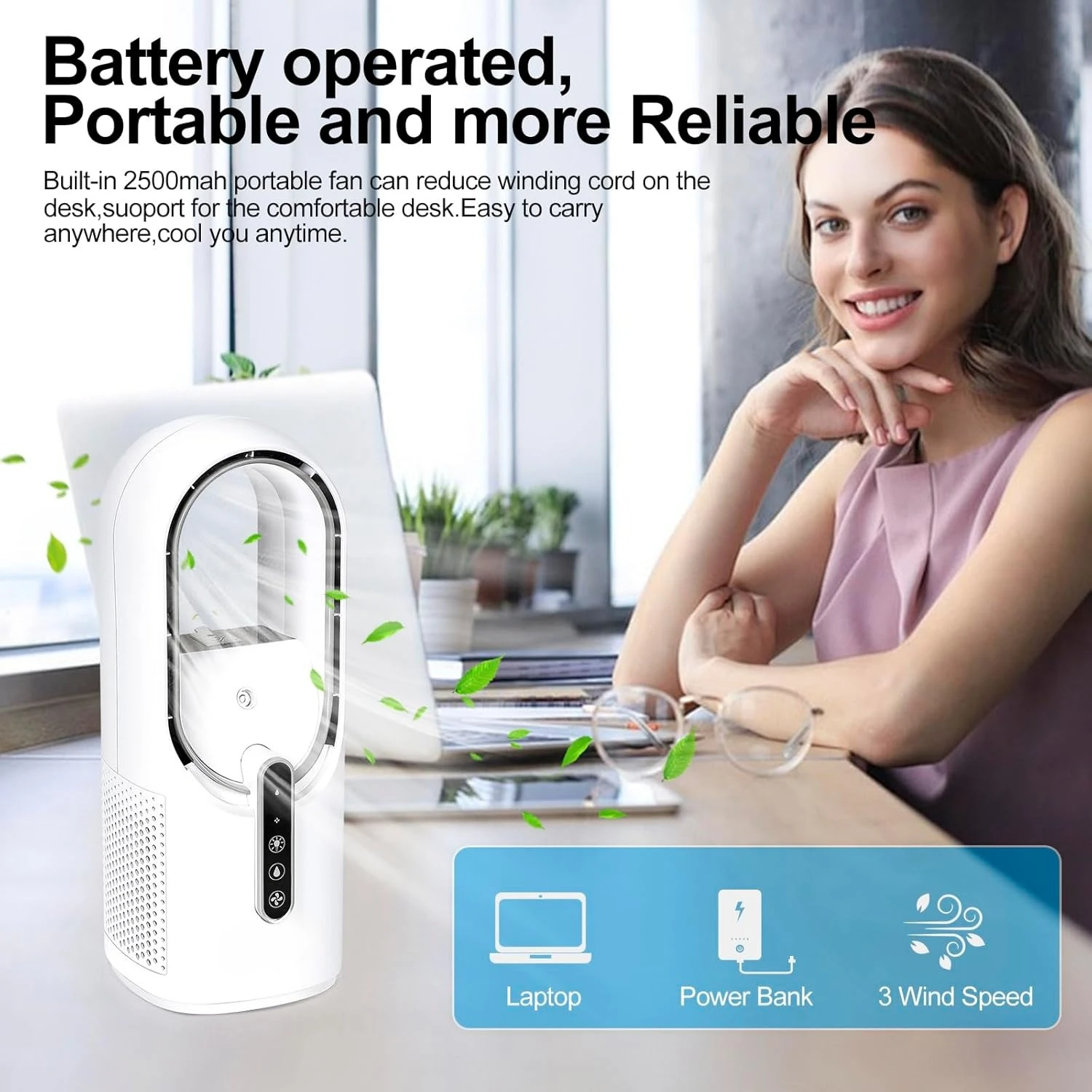 مروحة سطح المكتب المحمولة الخالية من الشفرة، مروحة شخصية لسطح المكتب مع 7 ألوان، ضوء محيط، 3 سرعات، مرطب كهربائي