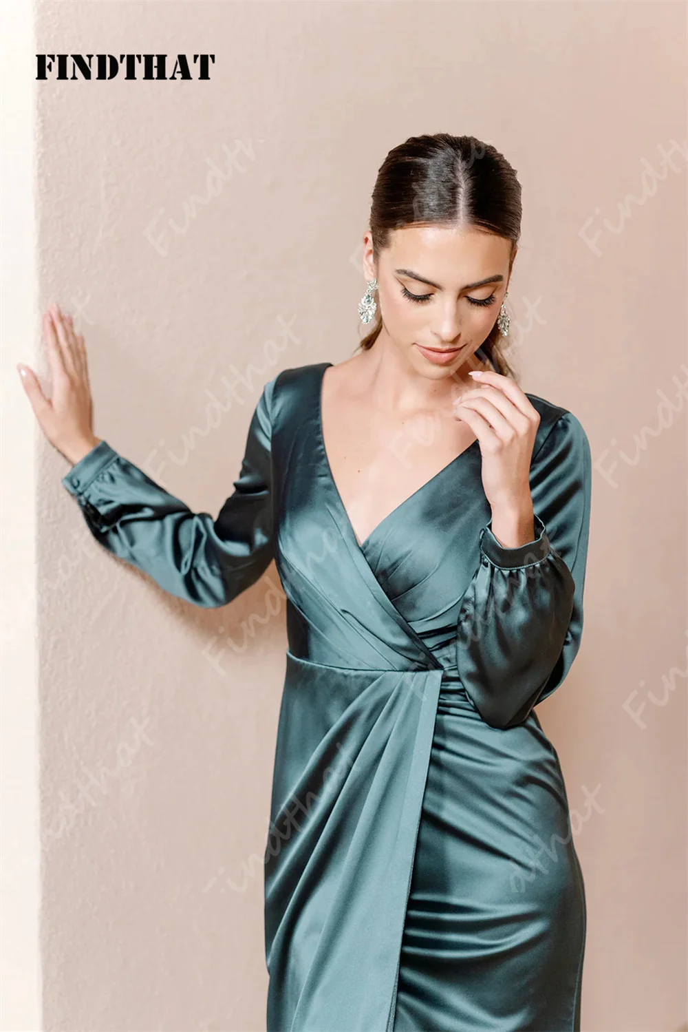 Findthat Vestidos De dama De honor De satén fruncidos con cuello en V, elegantes Vestidos De manga larga para Fiesta De graduación con abertura hasta el suelo