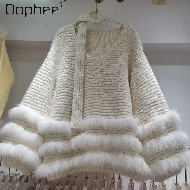 

Apricot V-neck Sweater for Women 2025 Autumn Winter New faux fur Patchwork Loose Fit Knitted Pullover Top Coat