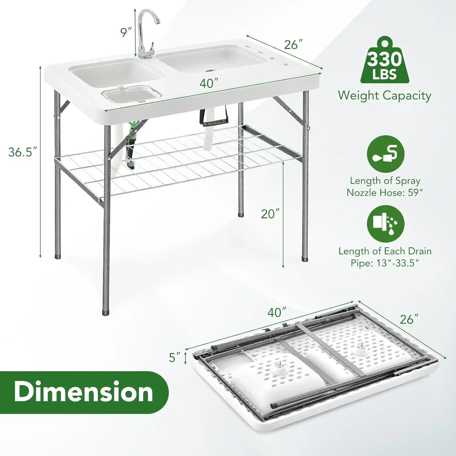 Fish Cleaning Table with 2 Sinks, Folding Fish Fillet Cleaning Station with Faucet, Drainage Hoses & Sprayer, Portable Camping T