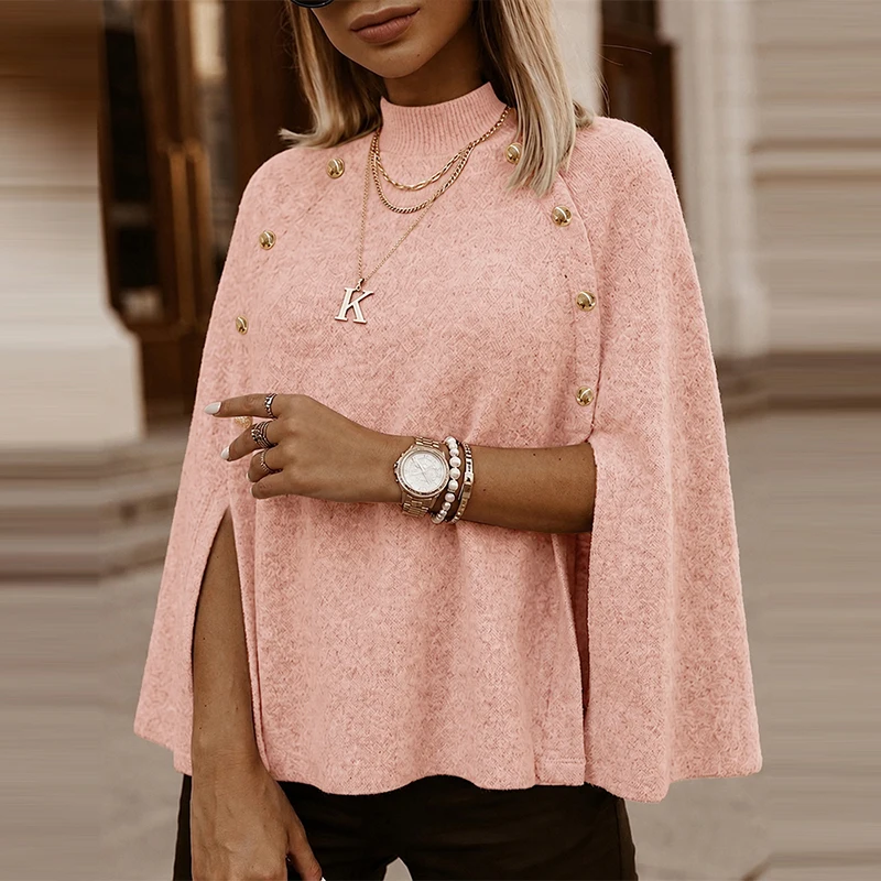 Fashion Solid Off Shoulder Sleeves Outdoor Party Sweater Elegant Button Cape Knit Sweater Comfortable Semi High Neck Loose Tops