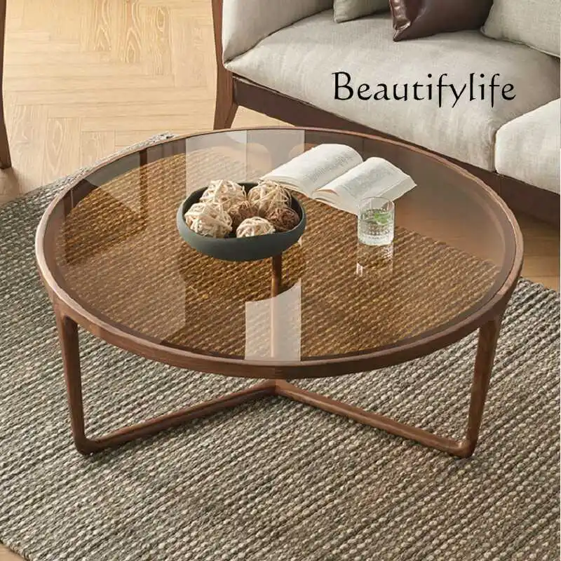 Coffee table North American black walnut tempered glass wabi sand wind simple solid wood round table combination