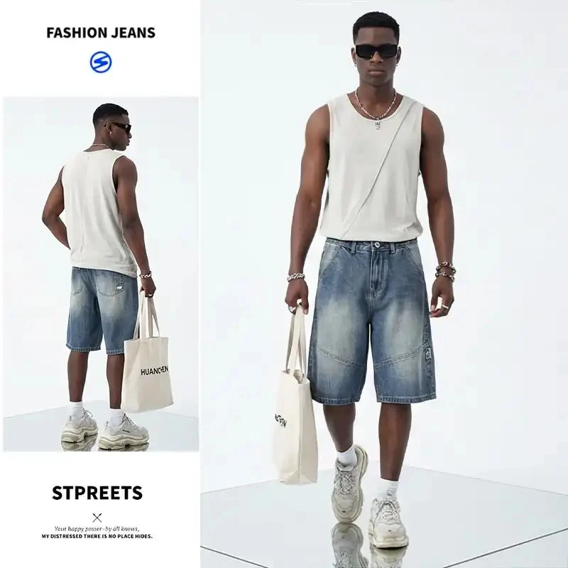 

2026 Summer Casual Japanese Retro Style Ripped Denim Shorts for Men, Loose Fit, Stylish, Handsome, Knee-Length, Thin Cargo Pants
