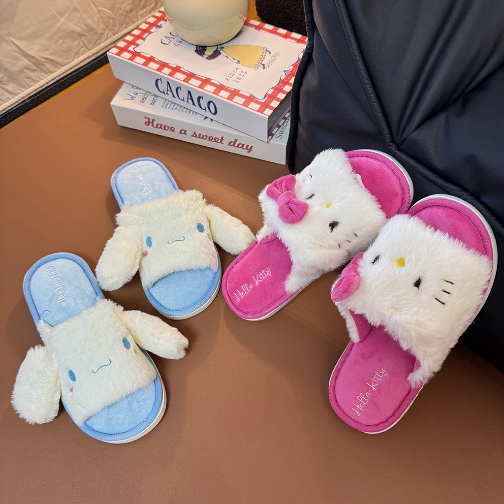 만화 헬로 키티 Cinnamoroll 플러시 오픈 토 슬리퍼 귀여운 애니메이션 부드러운 실내 홈 슬리퍼 여성 소녀 플랫 미끄럼 방지 컴포트
