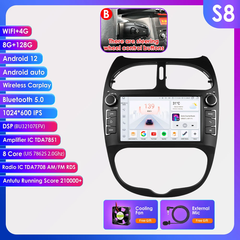 Hizpo 7 inch 2Din Android Autoradio Voor Peugeot 206 206CC 206SW 2000-2008 Multimedia Speler navigatie GPS Carplay 4G DSP RDS BT