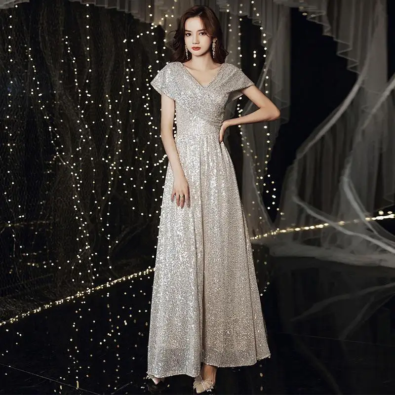 

Silver Evening Gown V-Ne Sequin Host Dr Women's High-End Faion Par Dr Korean Sle Long Skirt ort Sve