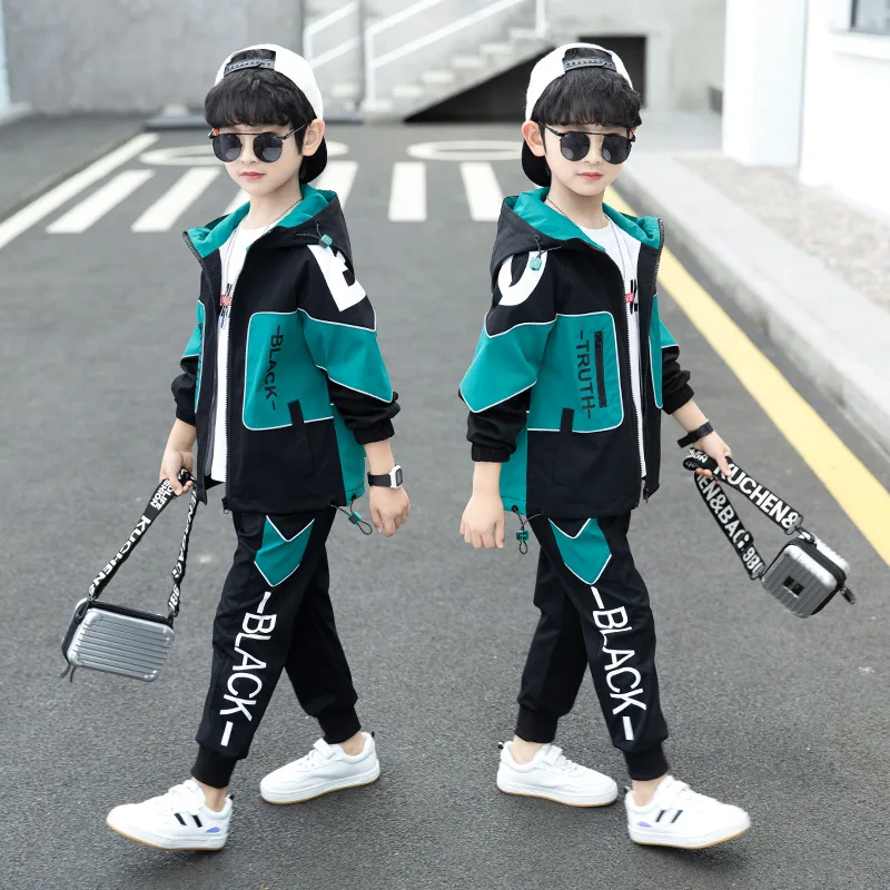 2026 spring winter children Boy Clothes Teenager tracksuit letters Hooded Top jacket + splicing Ankle-tie Pant 4 8 10 11 12 year