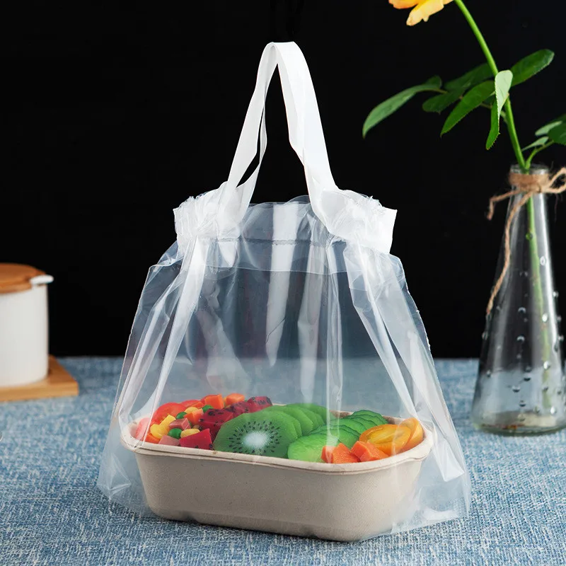 

50pcs Transparent Clear Plastic Drawstring Bags Takeaway Food Salad Cake Packaging Plastic With Handle