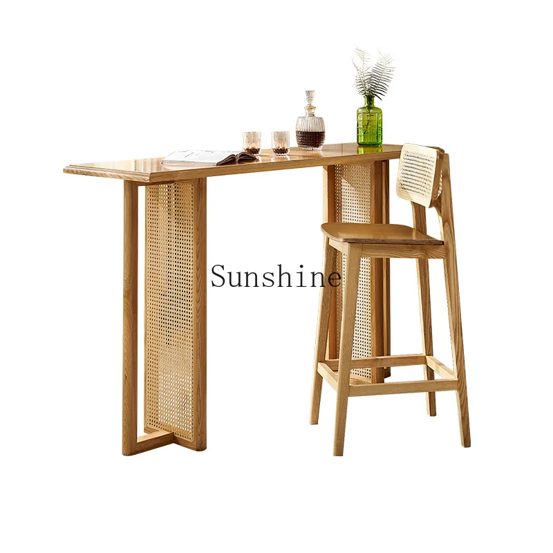 

Nordic modern minimalist bar high backrest front desk reception solid wood rattan bar chair
