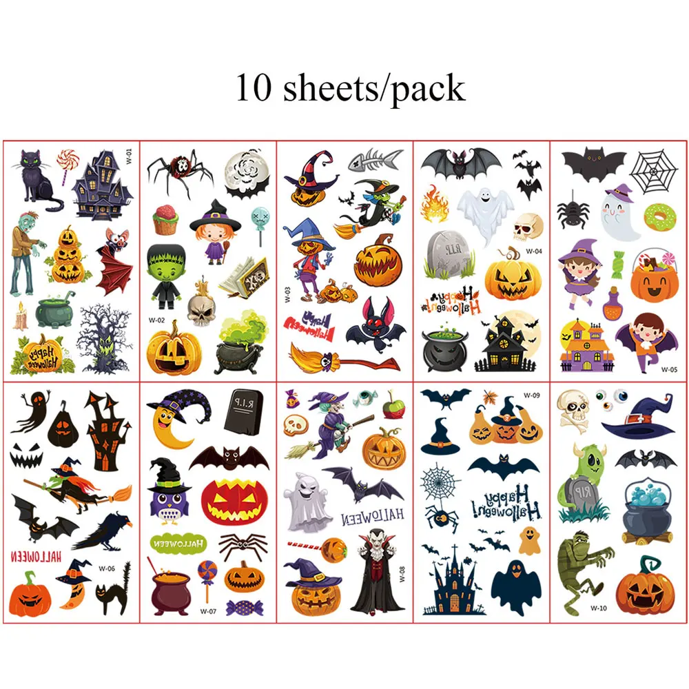 10Pcs Halloween Pumpkin Temporary Tattoo Stickers For Children Waterproof Spider Bat Ghost Fake Tattoos For Men Women Hand Face