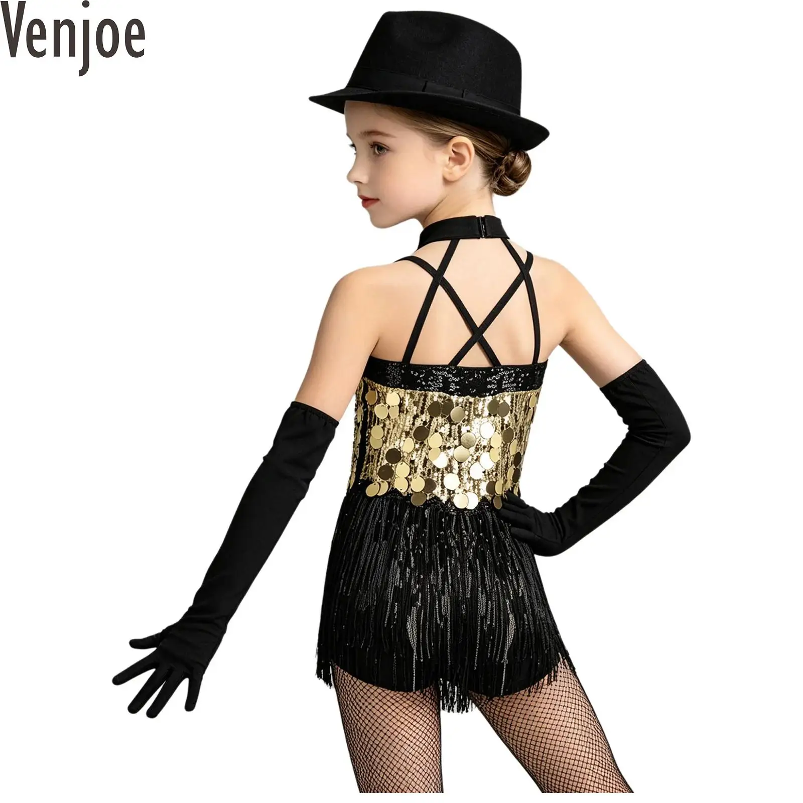 

Kids Girls Sequin Tassel Dance Bodysuit with Long Gloves Girls Jazz Hip Hop Stage Performance Costume Fringed Leotard Dress
