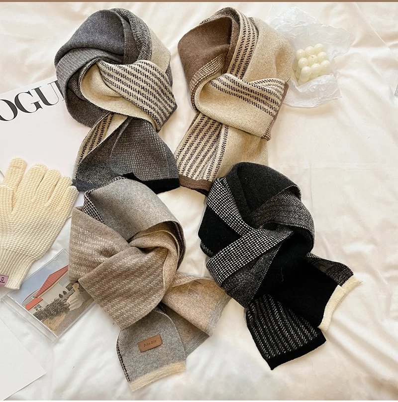 New Korean Autumn Winter Striped Matching Color Plaid Scarf Women'S Knitted Wool Thickened Student Bib Couple Winter Warm Scarf