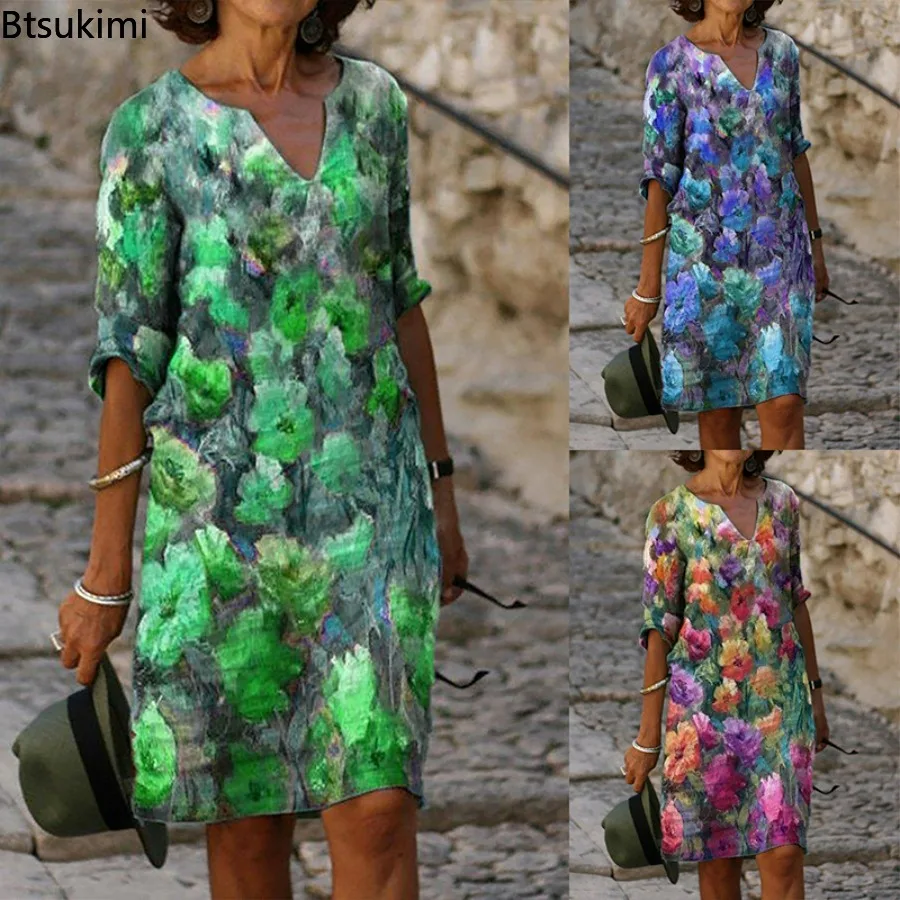 2024 Dames Zomer Casual Jurk Vintage Elegante Print V-Hals Halve Mouw A-Lijn Zonnejurk Mode Dames Losse Jurk Vestidos