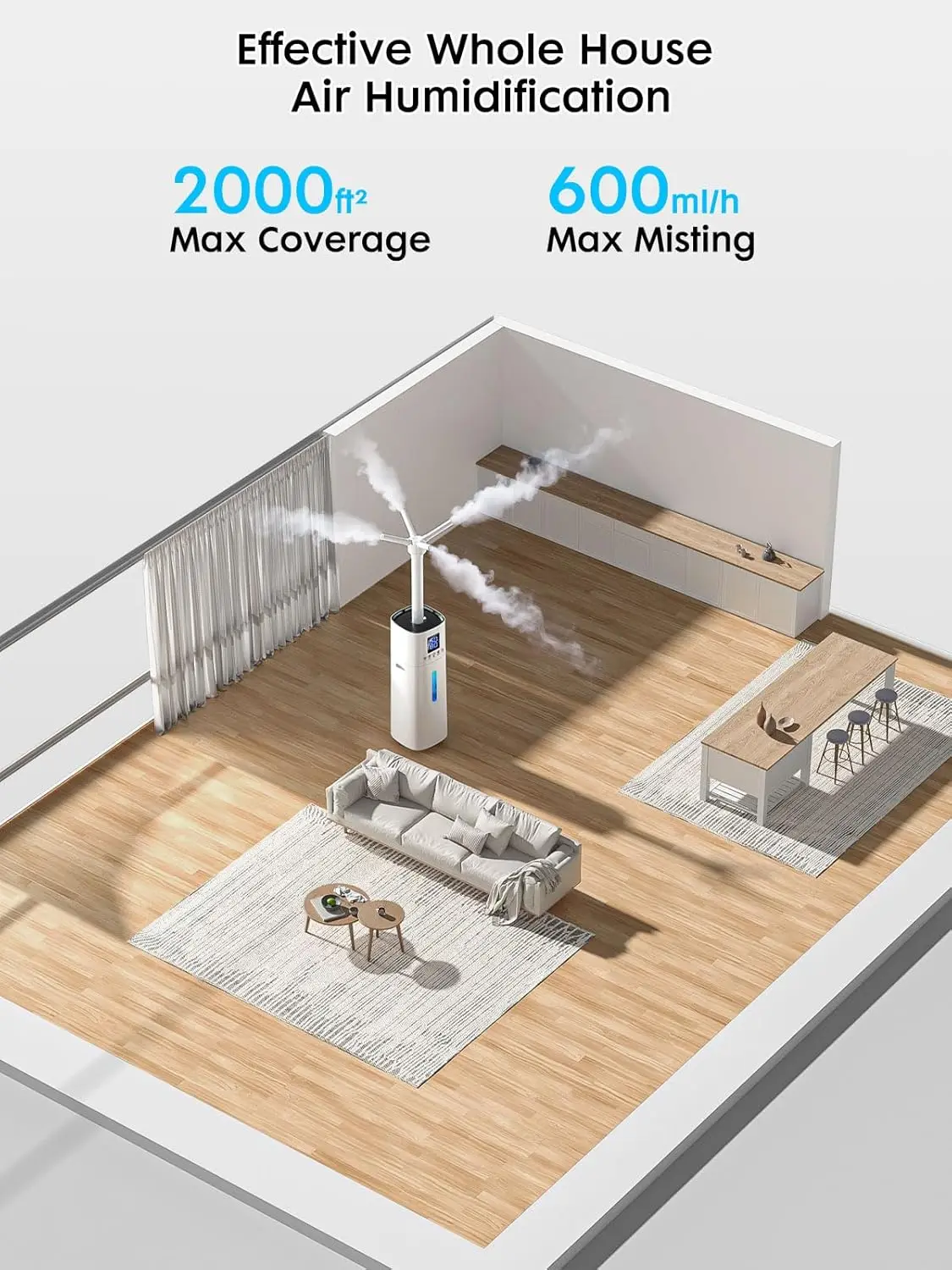 Humidifier Large Room, 600ml/h Misting, 72H Runtime, Top Fill, Humidifiers for Home, Easy to Move
