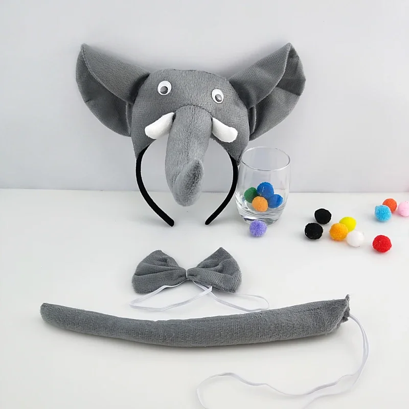 Adult Kids Plush Children Elephant Ears Headband Animal Tie Tail Gift  Birthday Party Cosplay Costume Halloween
