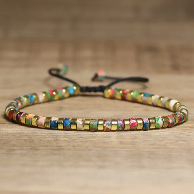 2x4mm natürliches buntes Kaiserstein-Perlenarmband für Frauen, trendiger BOHO-Stil mit handgefertigtem, gewebtem, verstellbarem Design-Armband