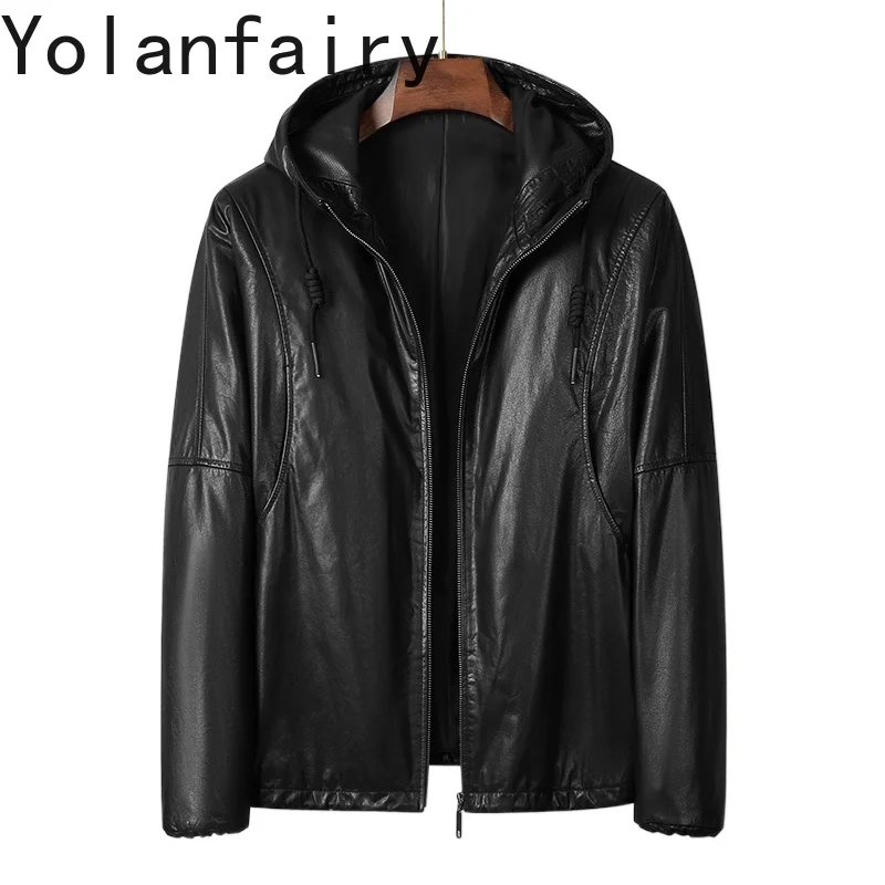 

YOLANFAIRY Top Layer Cowhide Man Leather Jacket Spring Autumn 2025 Short Hooded 100% Real Cow Leather Coat Men's Jackets 가죽재킷