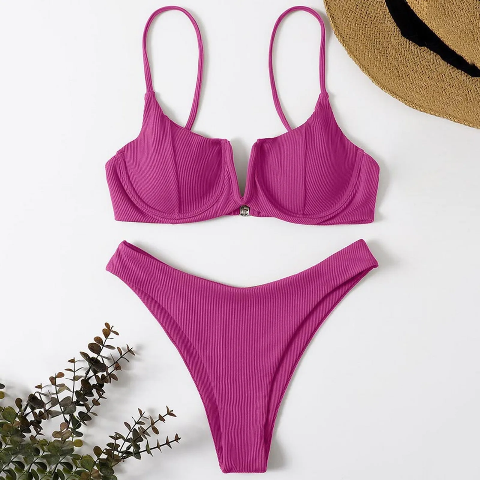 Ensemble de bikini à volants pour femme, maillot de bain en acier de type V, bande, rembourré, push-up, bord de mer, bikini, maillot de bain femme