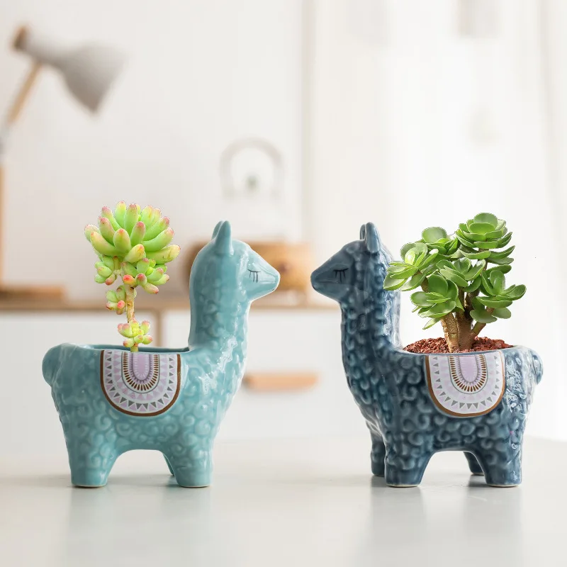 Cute Cartoon Animal Succulent Flowerpot Ceramic Wholesale Creative Living Room Indoor Alpaca Cactus Old Pile Green Plant Pot