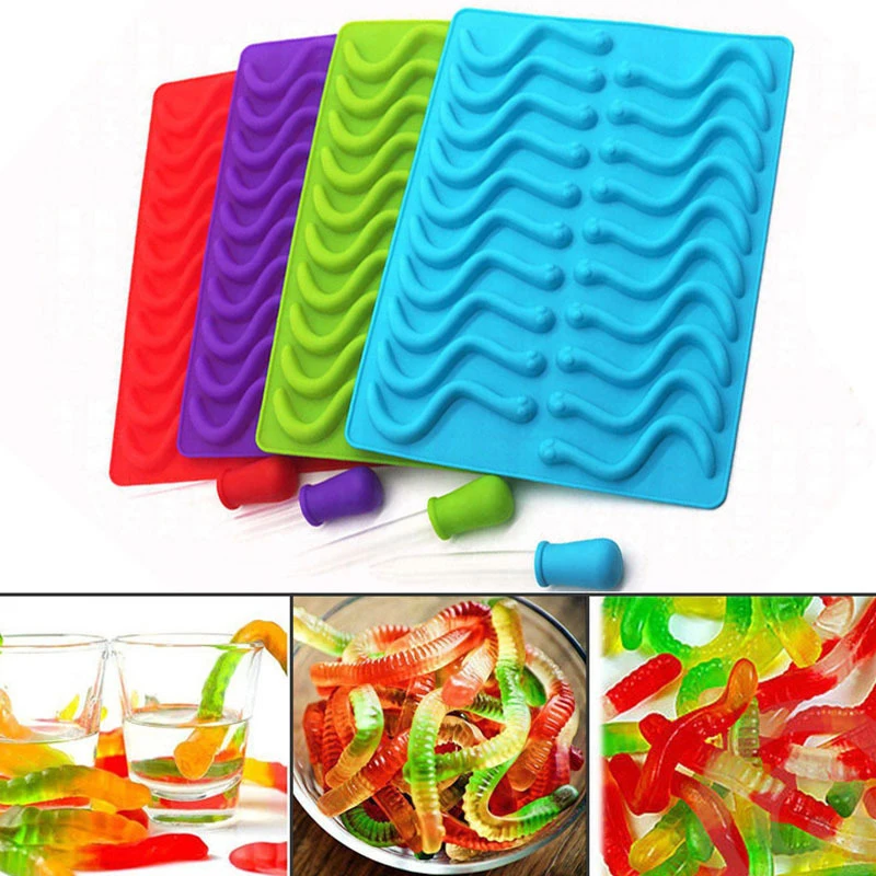 Molde de silicona con agujeros creativos para decoración de tartas, molde de silicona con forma de serpiente, gusanos, Chocolate, azúcar, dulces, gelatina, bandeja de tubo de hielo, herramientas de 20 piezas