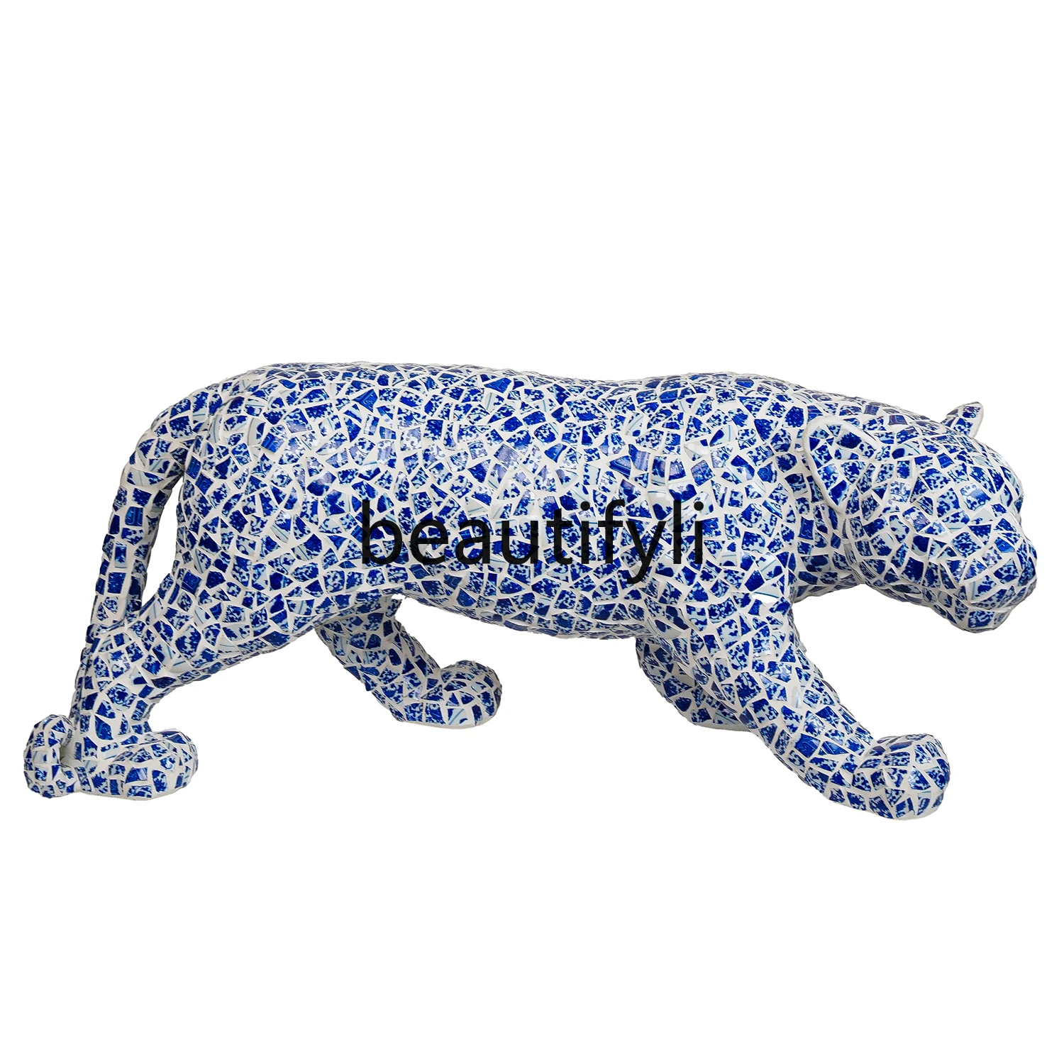 Mosaic blue and white porcelain handmade patch home living room entrance ornament running leopard