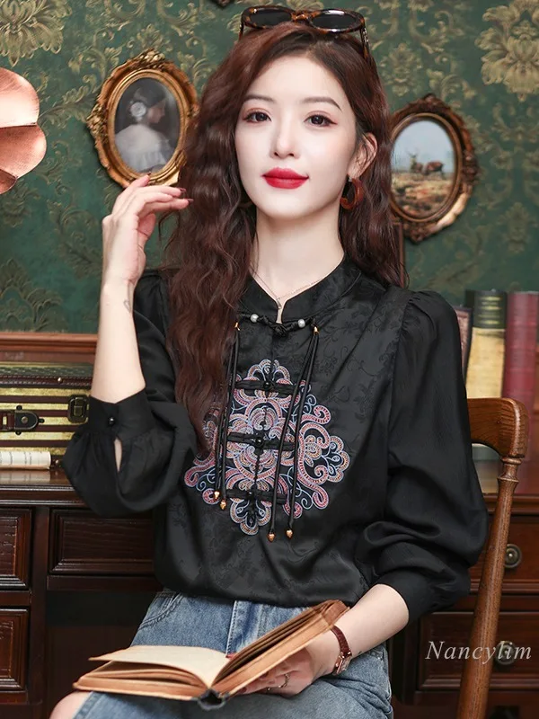 

New Chinese Style Embroidery Shirt Women's Spring Clothes 2024 New Design Sense Match Horse-Face Skirt Top Black Blouses