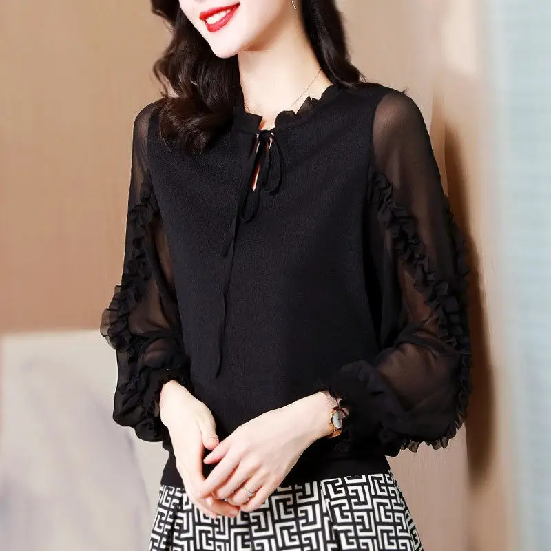 Femmes élégantes nouvelle chemise en mousseline de soie ample gaze manches longues dentelle printemps été mode Vintage noir pulls Chic Blouses femmes