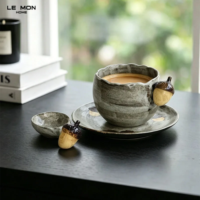 Vintage Handmade Ceramic Coffee Cup Set 3D Acorn Handle Irregular Mug with Saucer Spoon 300ml Creative Breakfast Tea Cup