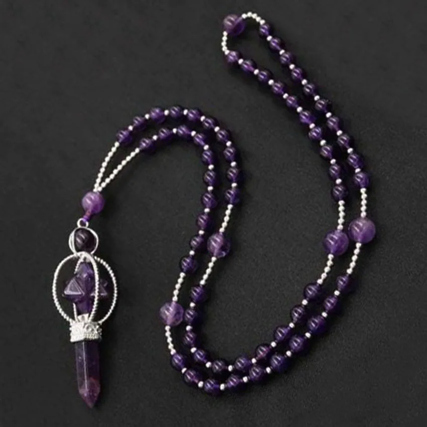 Natural Amethyst Crystal Rose Quartz Merkaba Energy Scepter Pendant Handmade Round Beads Stone Chain Necklace Amulet Jewelry