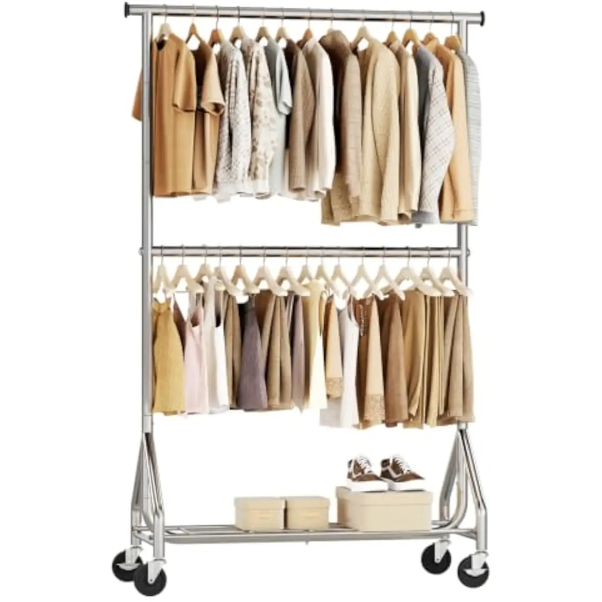 Heavy-Duty 2-Tier Rolling Garment Rack with Adjustable Dual Hanging Rods, Steel Frame, Mesh Shelf & 4 Locking Casters, Space-Sav