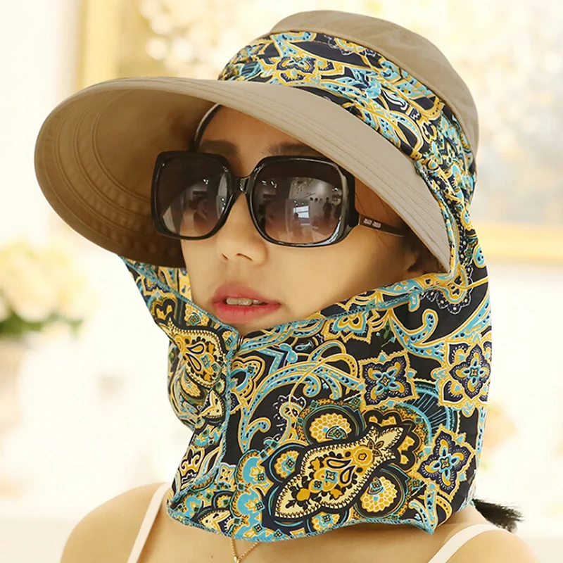 Women Anti-UV Sun Hat Beach Foldable Sunscreen Floral Print Caps Neck Face Care Wide Brim Hat New Summer Outdoor Riding