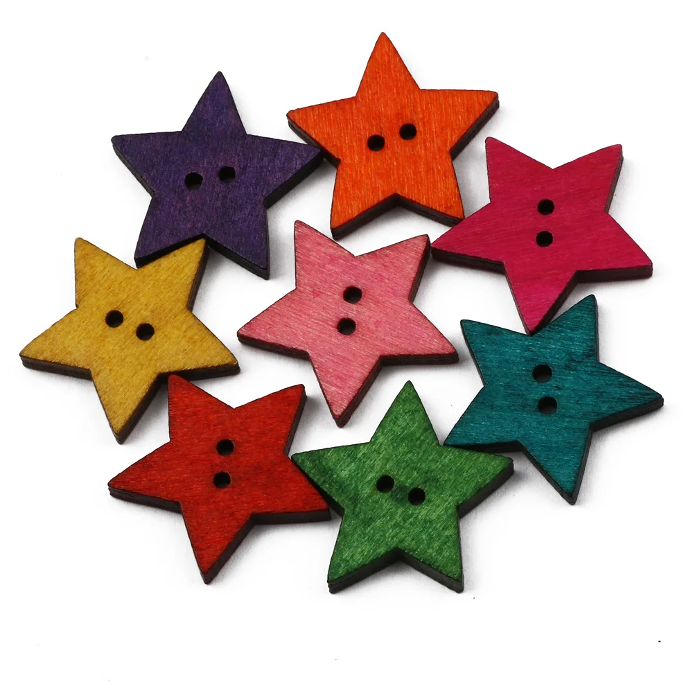 50pcs 23mm Star Shape Buttons 2 Hole Wooden Buttons For Clothing Scrapbook Needlework Diy Sewing Accessories Home Decoration