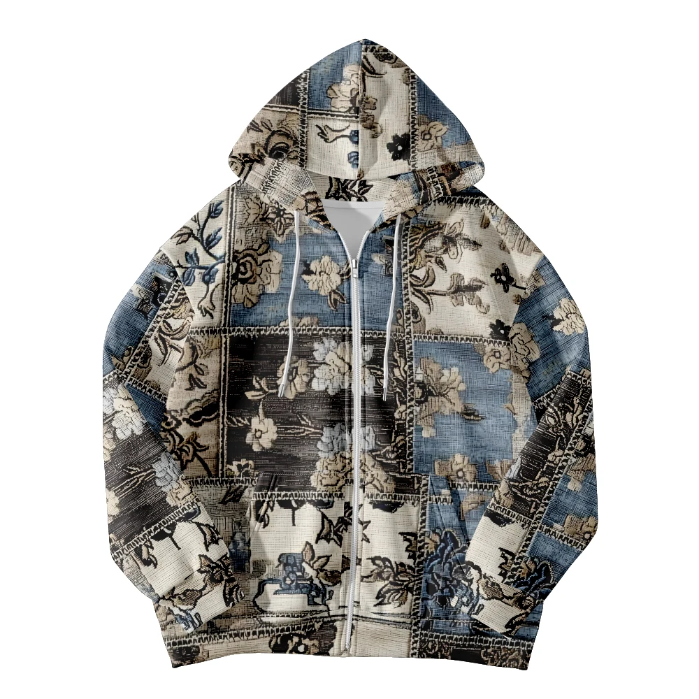 Trendy Floral Patchwork Hoodies Zip-up Jacket with Multi-color Blooms and Green Leaves Perfect for Spring Autumn Clothes Women