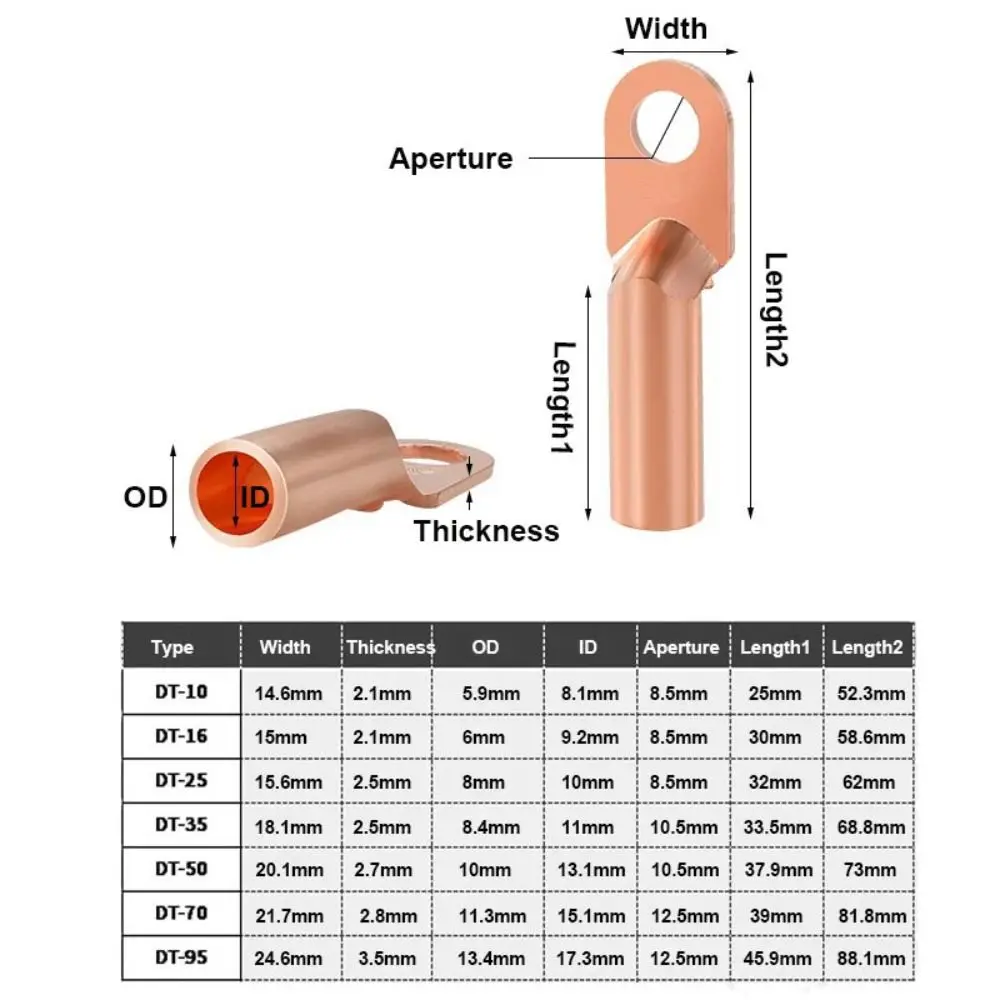 Cable Connector Crimping Type Copper Terminals copper cable terminal Tube DT-10 DT-16 DT-25 DT-35 DT-50 DT-70 DT-95