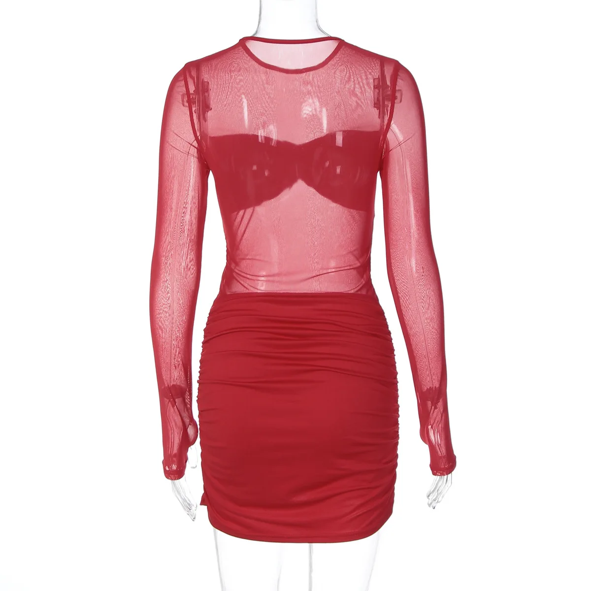 Frauen Durchsichtig Mesh Patchwork Geraffte Bodycon Mini Kleid Solide O Hals Volle Hülse Pfirsich Hüften Schlank Party Clubwear Streetwear