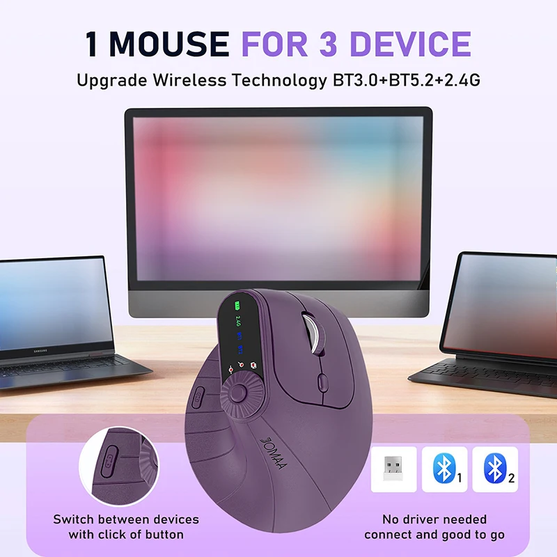 Ergonomic BT5.0 Dual Mode Wireless Vertical Mouse With Function Adjustment Knob 8 Buttons Rechargeable Mice for Win/IOS/Android