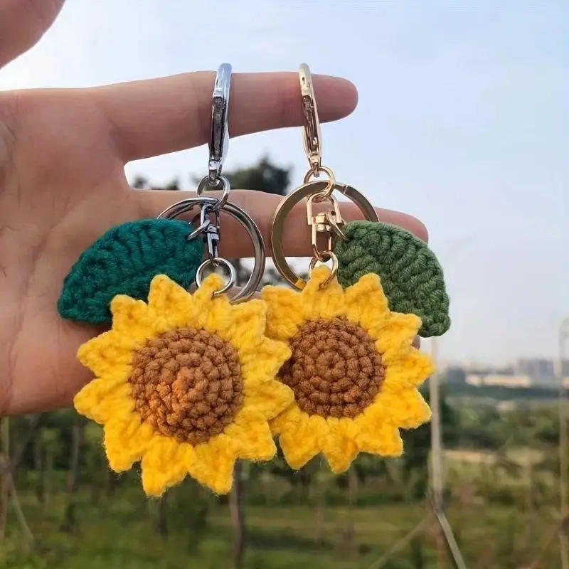 Handmade Crochet Sunflower Keychain With Green Leaf Charm For Backpack Decor