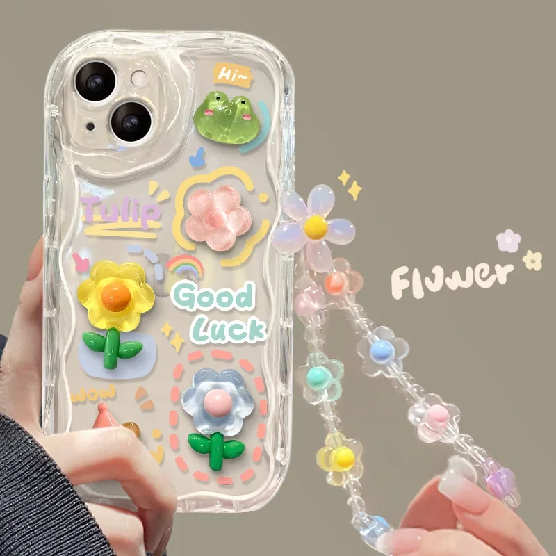 

Suitable For iPhone 16 15 14promax phone case cream case flower 3D doll For iPhone 13 12pro 11 chain anti drop