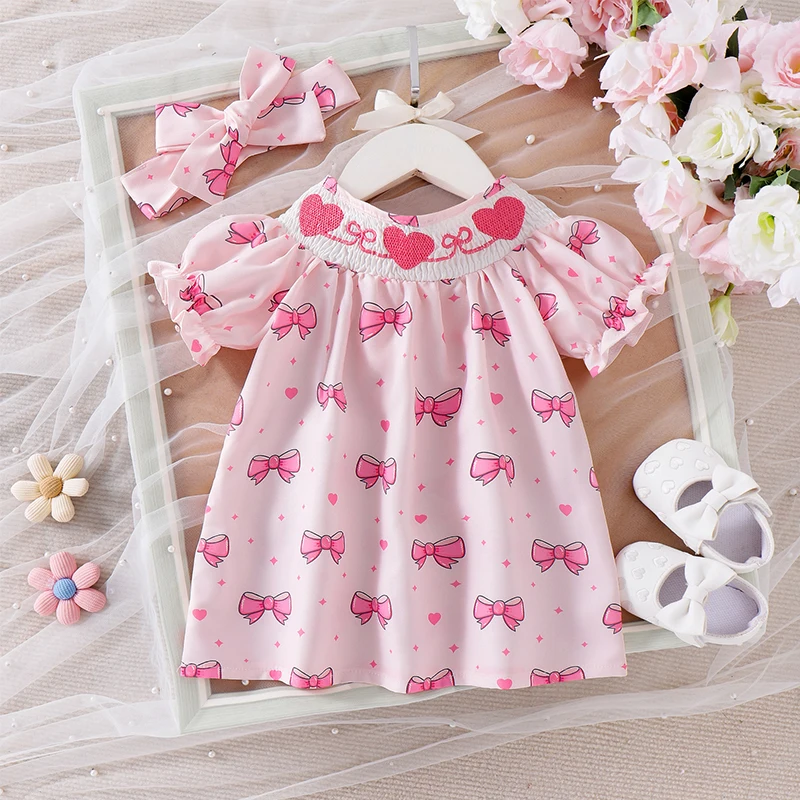 Tregren Valentine's Day Infant Baby Girl Summer Dress Cute Puff Sleeve Round Neck Bow Print Smocked A-Line Dress with Headband