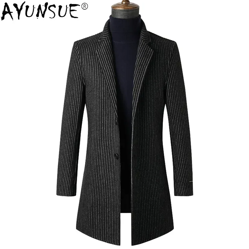 

AYUNSUE Double-sided 80% Wool Jacket Men's Mid Length Autumn Winter Striped Suit Jackets Wool Trench Coat Men's Clothing Abrigos