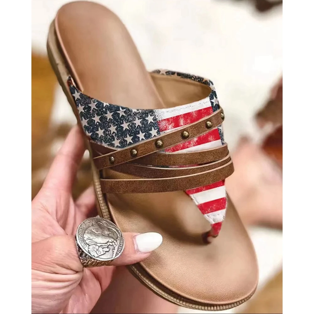 Independence Day Women Going Out Studded Flag Pattern Toe Post Sandals Flats Casual Shoes Summer Fashion Casual Slippers