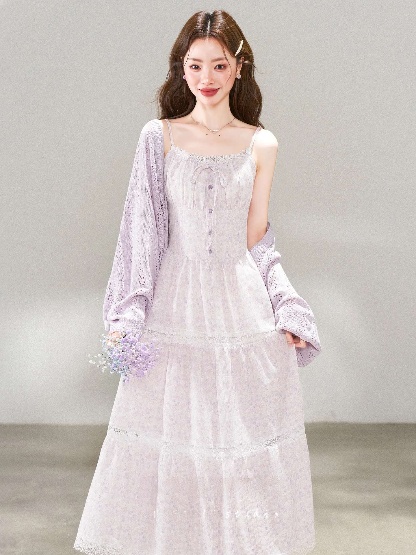 

Summer New Purple Floral Cake Dress Cardigan Waist Cinching Strap Women's Date Outfit Set High Waist Midi Skirt Fashion Ensemble