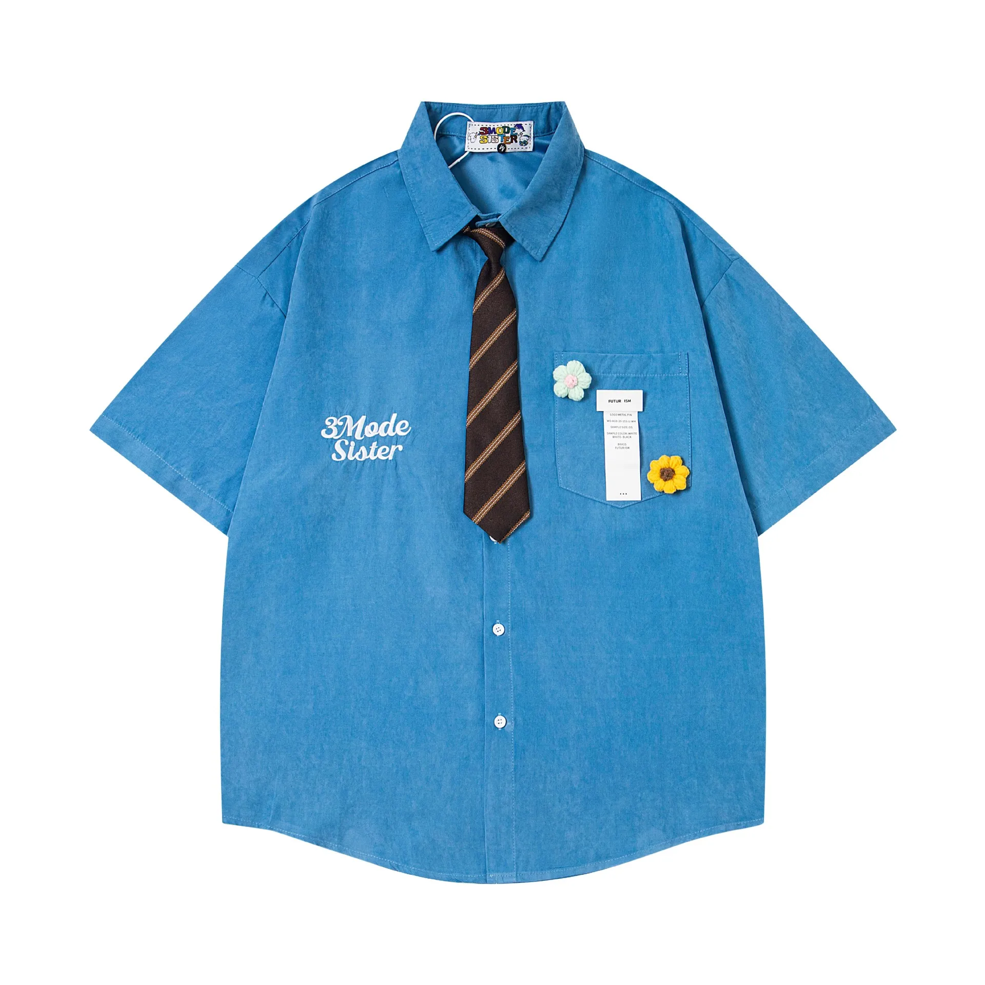 

Japanese Harajuku Shirts with Necktie Unisex Varsity Style Shirts Loose Short Sleeve Button Up Blouse Oversized Y2K Shirts Tops