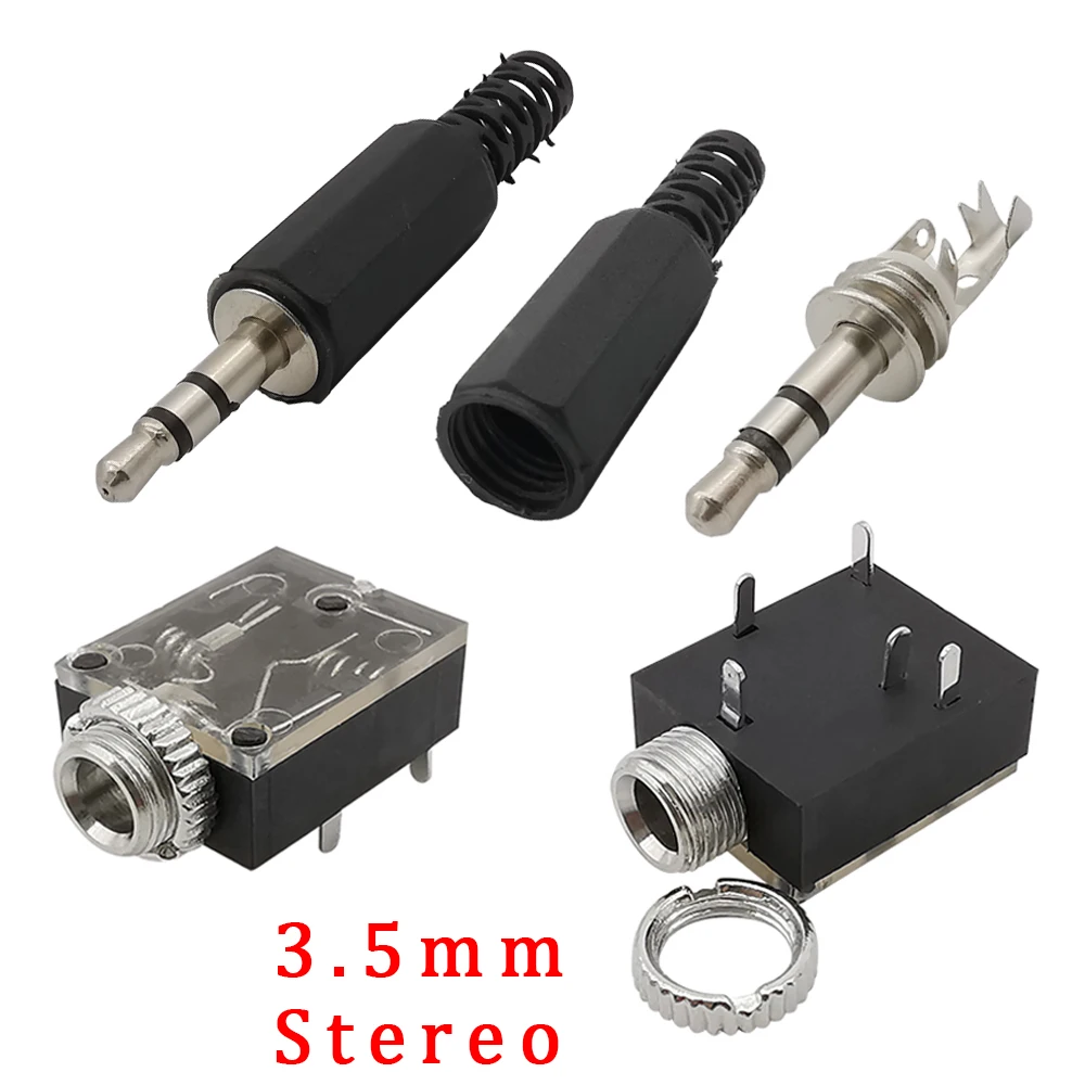 10Pcs 3.5mm Male Adapter 3.5mm Stereo Audio Plug Jack Solder Connector PJ-324M 5 Pin Headphone Socket PCB Panel Mount With Nut