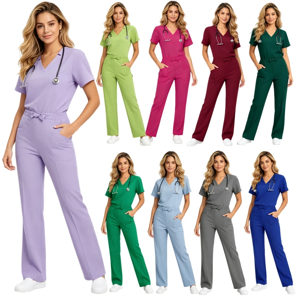 Plus Size Women Scrub Set 2Pcs Polyester Spandex Soft Quick Dry Nursing Scrubs Top Pants Hospital Healthcare Work Uniform