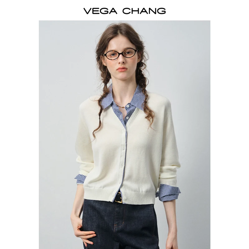 

Vega Chang Women's Knitwear New Autumn and Winter Fake Two-Piece Plaid Patchwork Single-Breasted Layered Top