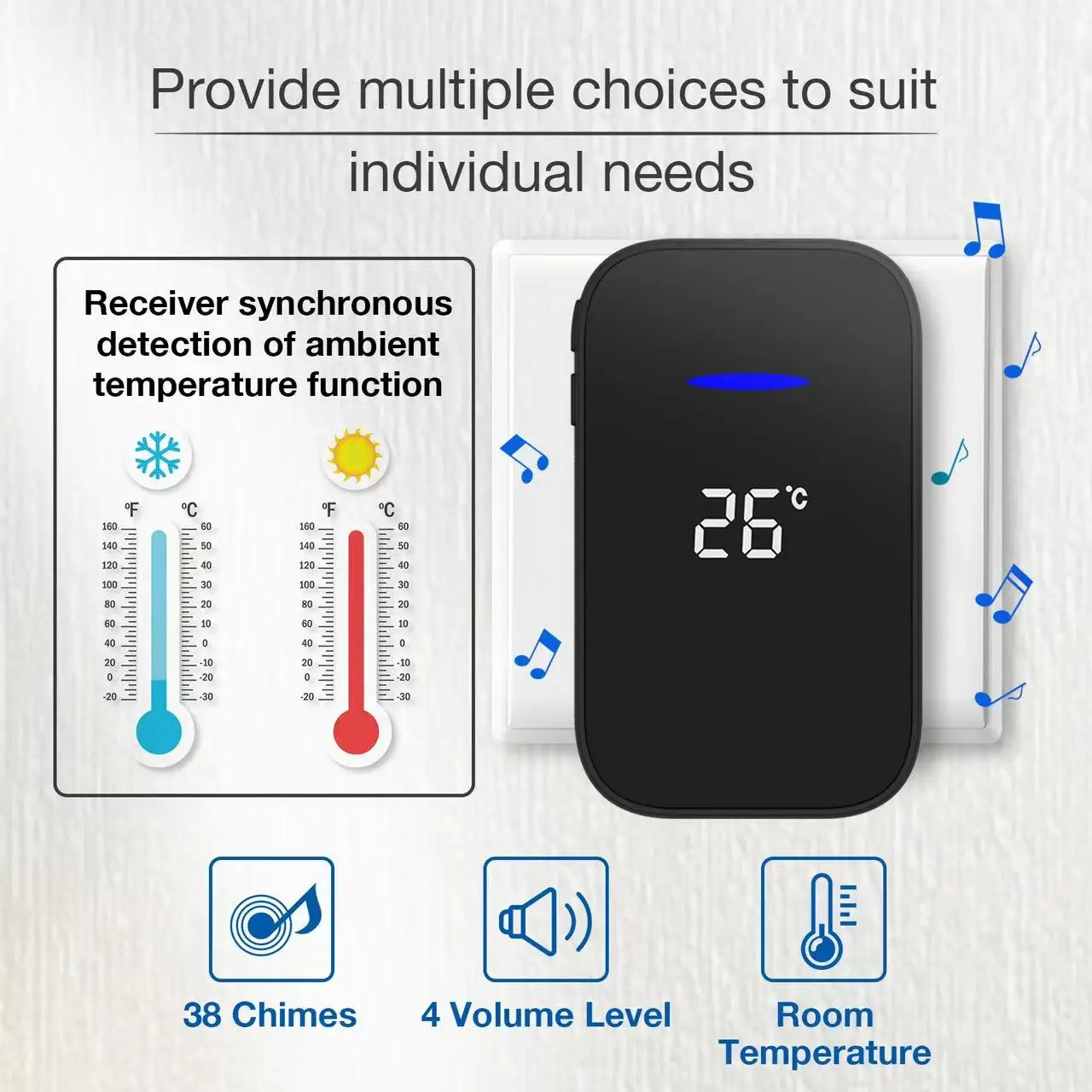 Cerhot Self Powered Outdoor Wireless Doorbell Waterproof Door Ring Chime 150M Distance 38 Songs Home Welcome Door Bell Sets